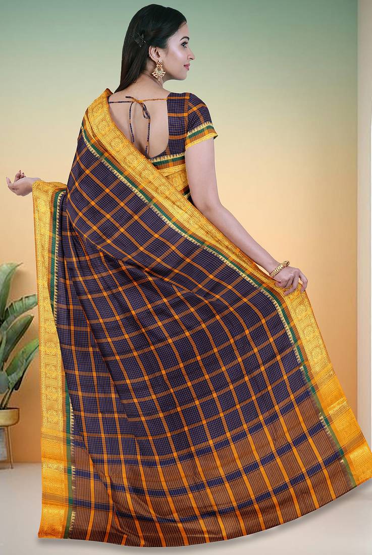 Oxford navy blue & antique marigold yellow chettinad cotton saree with running blouse