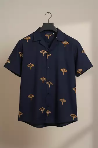 Navy blue block printed cotton shirt