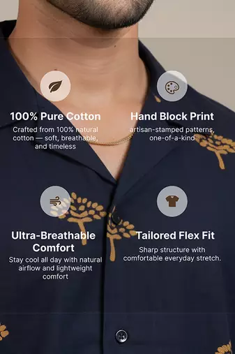 Navy blue block printed cotton shirt