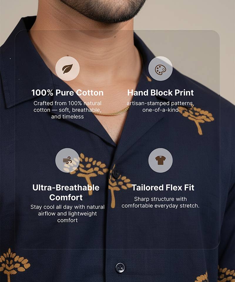 Navy blue block printed cotton shirt