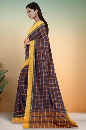 Oxford navy blue & antique marigold yellow chettinad cotton saree with running blouse