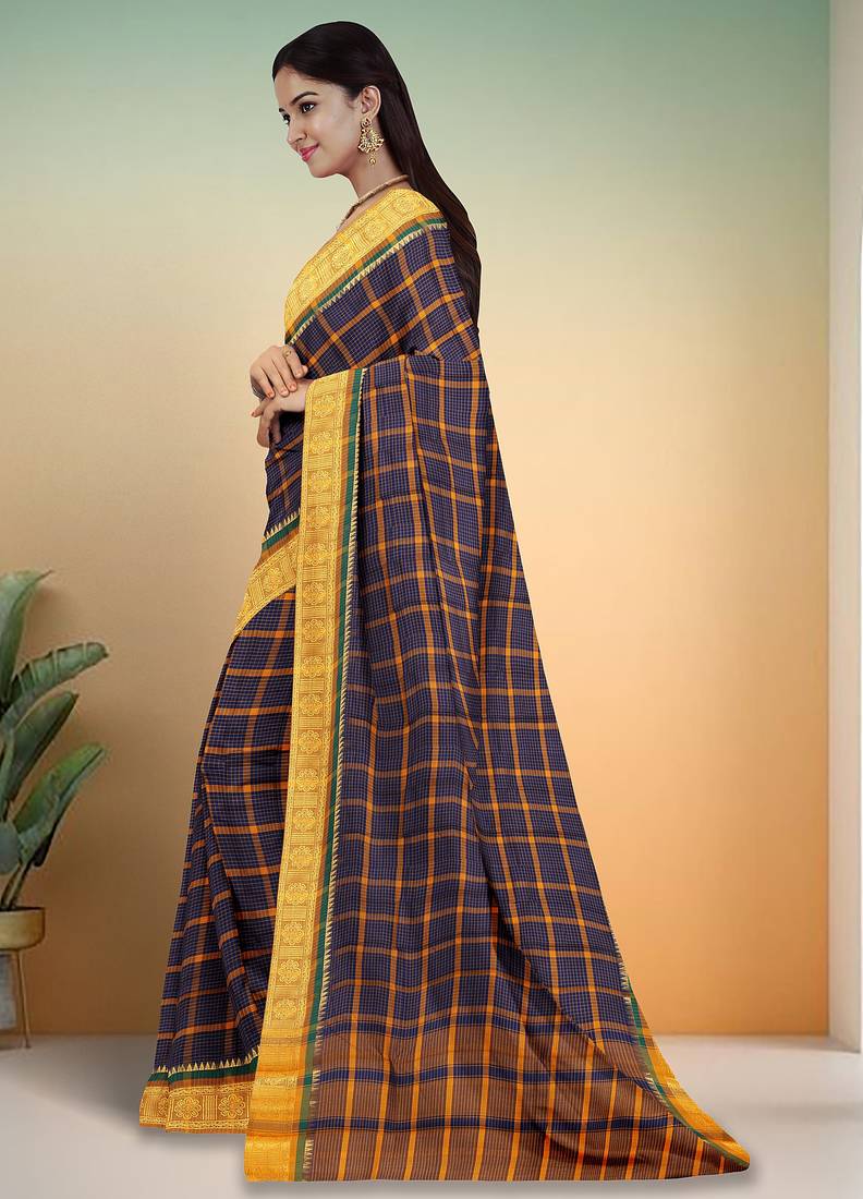 Oxford navy blue & antique marigold yellow chettinad cotton saree with running blouse