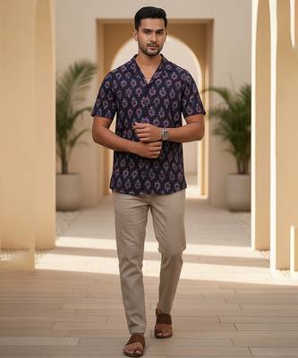Dark blue block printed cotton shirt 1