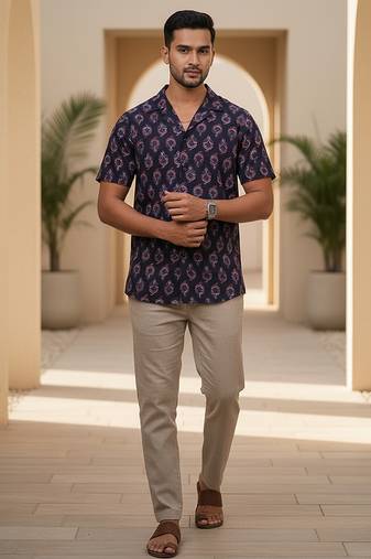 Dark blue block printed cotton shirt