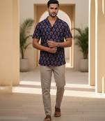 Dark blue block printed cotton shirt