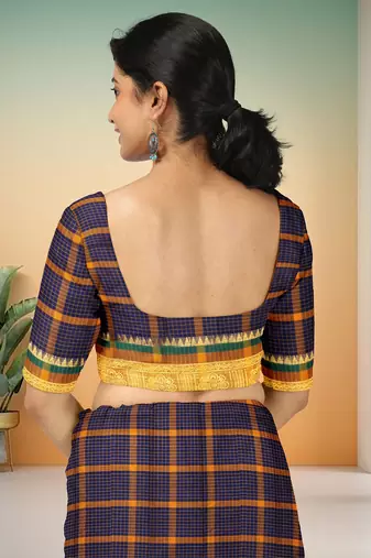 Oxford navy blue & antique marigold yellow chettinad cotton saree with running blouse