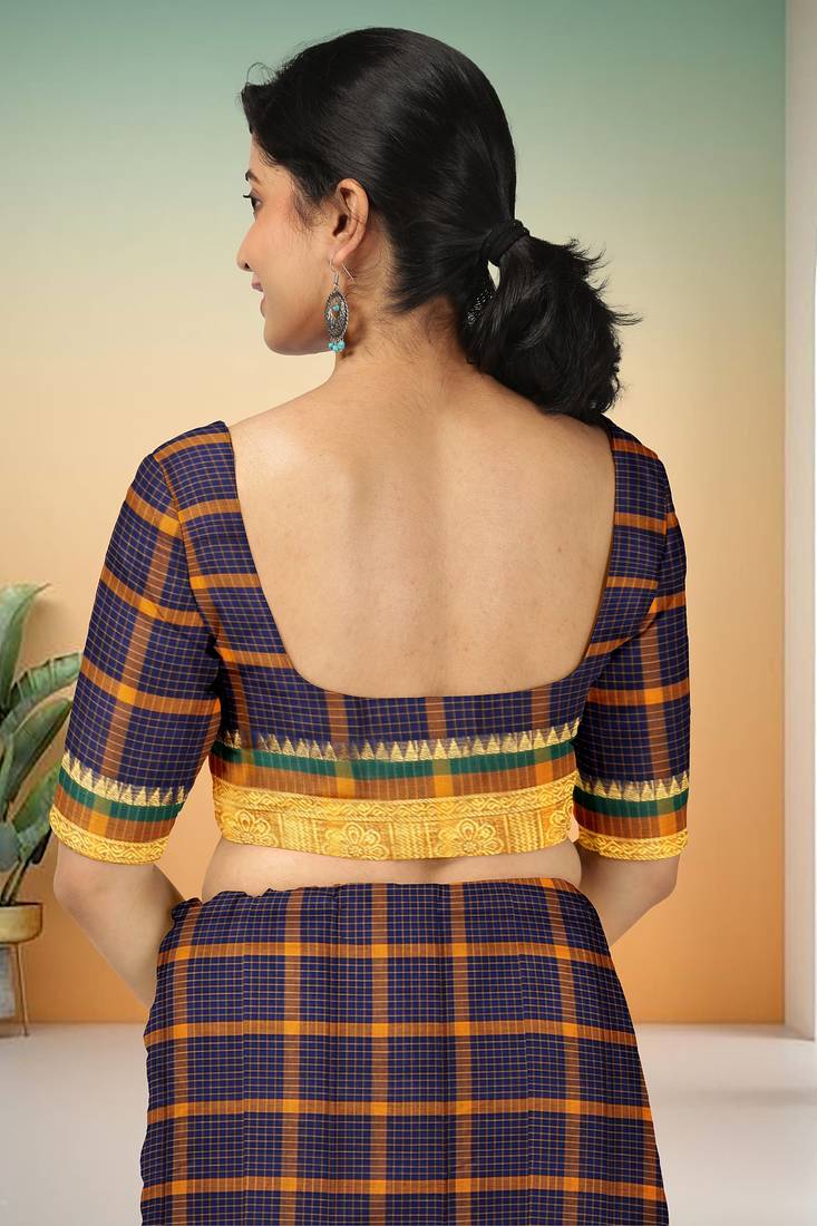 Oxford navy blue & antique marigold yellow chettinad cotton saree with running blouse