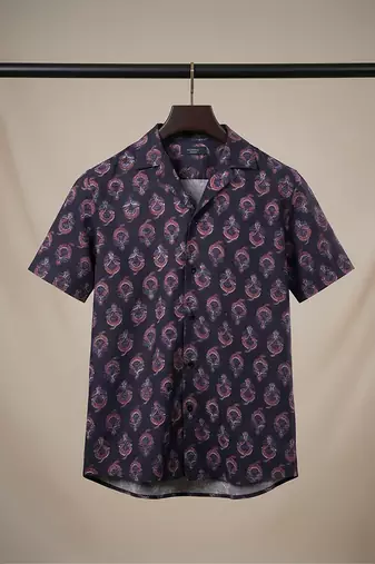 Dark blue block printed cotton shirt