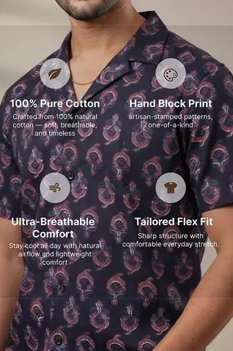 Dark blue block printed cotton shirt