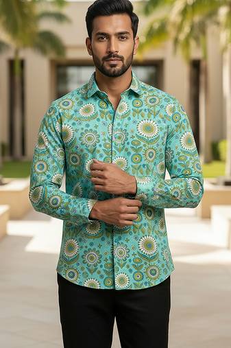 Sea green block printed cotton shirt