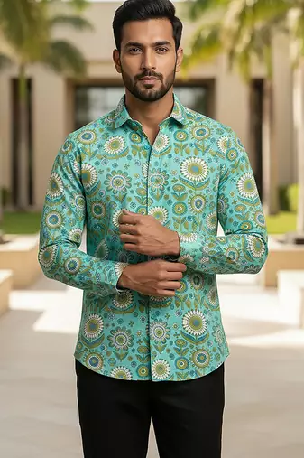 Sea green block printed cotton shirt