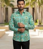 Sea green block printed cotton shirt