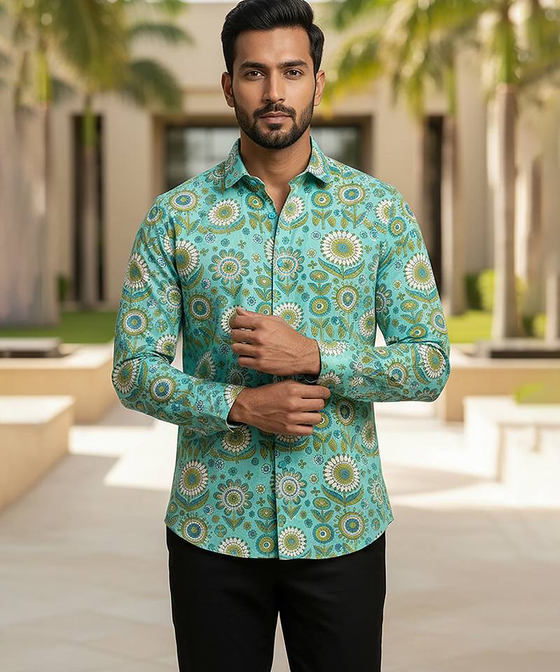 Sea green block printed cotton shirt