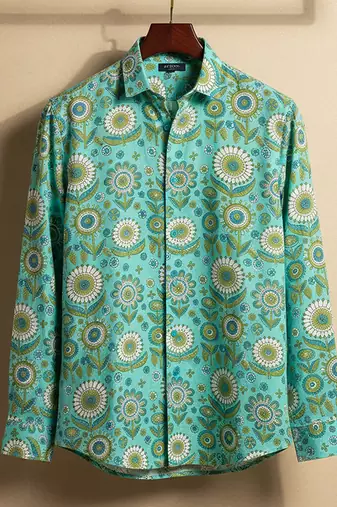Sea green block printed cotton shirt