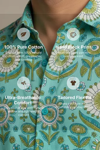 Sea green block printed cotton shirt