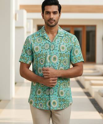 Sea green block printed cotton shirt 1