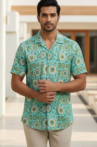 Sea green block printed cotton shirt