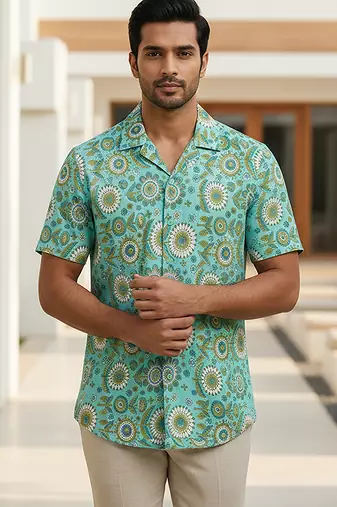 Sea green block printed cotton shirt