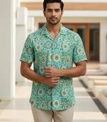 Sea green block printed cotton shirt