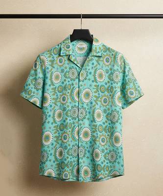 Sea green block printed cotton shirt 2