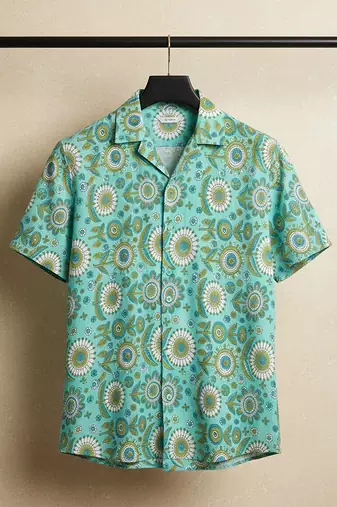 Sea green block printed cotton shirt
