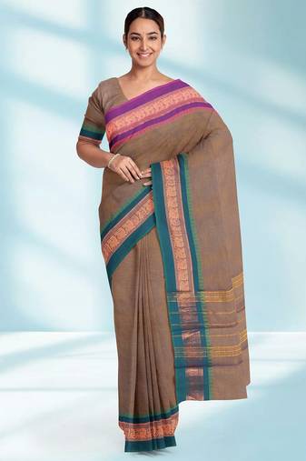 Rose taupe & royal magenta chettinad cotton saree with running blouse