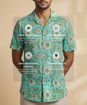 Sea green block printed cotton shirt 3