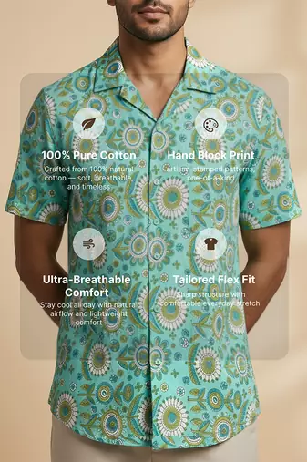 Sea green block printed cotton shirt