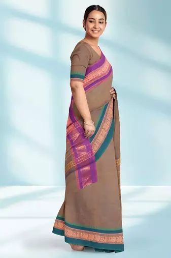 Rose taupe & royal magenta chettinad cotton saree with running blouse