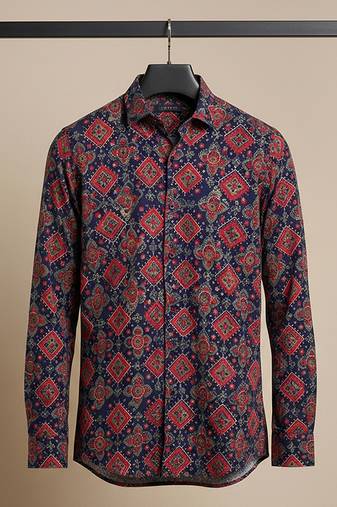 Navy blue block printed cotton shirt