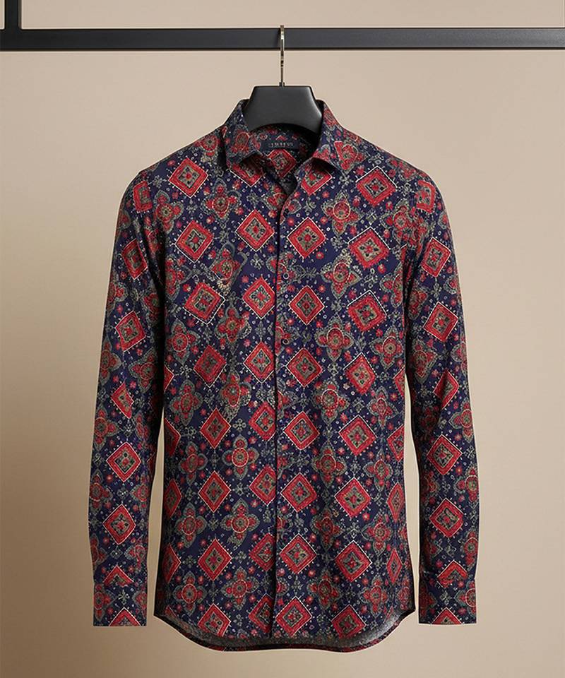 Navy blue block printed cotton shirt