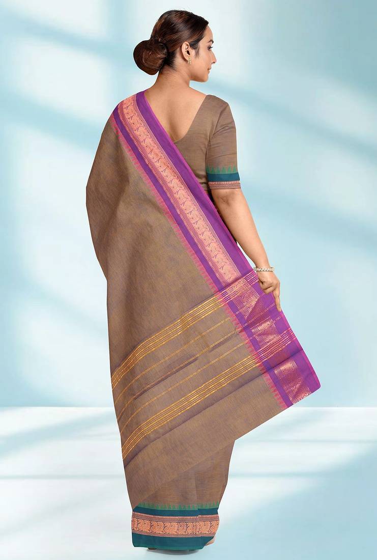 Rose taupe & royal magenta chettinad cotton saree with running blouse