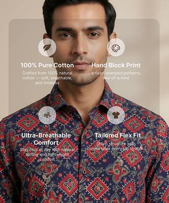Navy blue block printed cotton shirt 2
