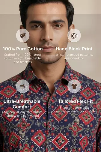 Navy blue block printed cotton shirt