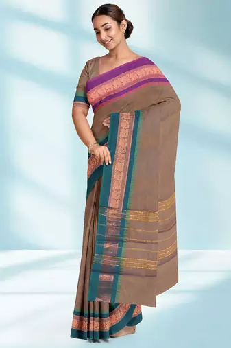 Rose taupe & royal magenta chettinad cotton saree with running blouse