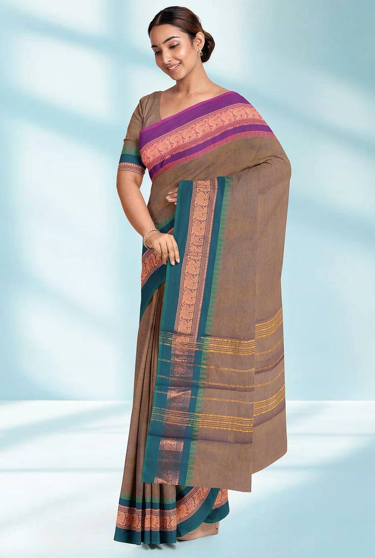Rose taupe & royal magenta chettinad cotton saree with running blouse