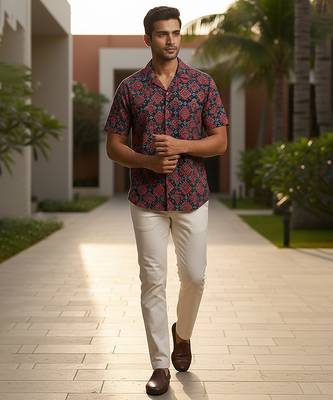 Navy blue block printed cotton shirt 1