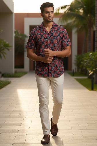 Navy blue block printed cotton shirt