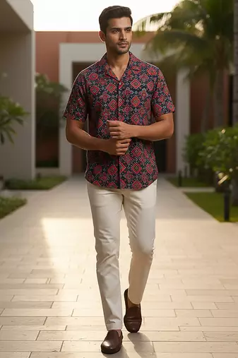 Navy blue block printed cotton shirt