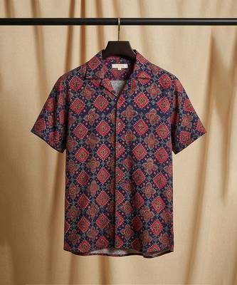 Navy blue block printed cotton shirt 2