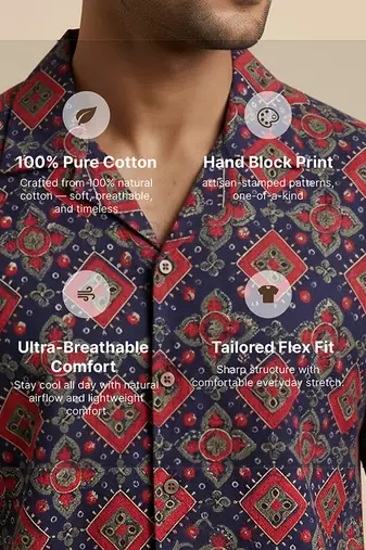 Navy blue block printed cotton shirt