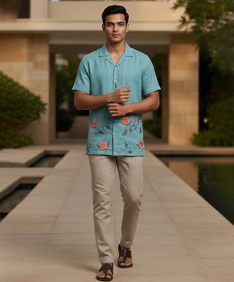 Aqua blue embroidered linen shirt 1