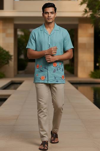 Aqua blue embroidered linen shirt