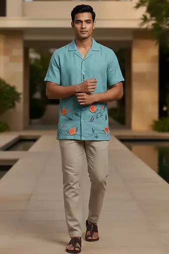 Aqua blue embroidered linen shirt