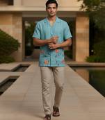 Aqua blue embroidered linen shirt