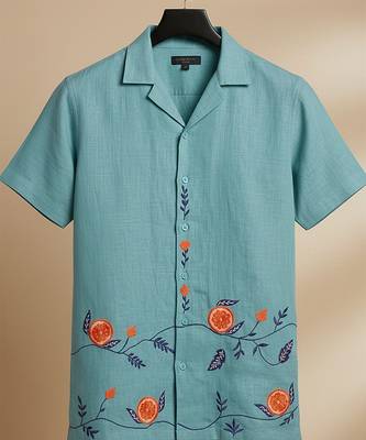 Aqua blue embroidered linen shirt 2