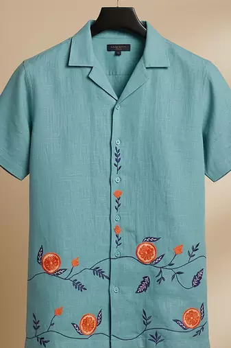 Aqua blue embroidered linen shirt