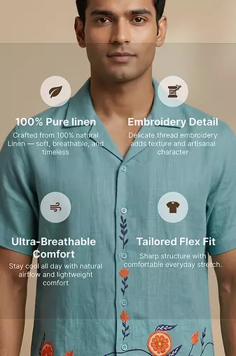 Aqua blue embroidered linen shirt