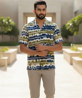 Olive blue printed cotton shirt 1