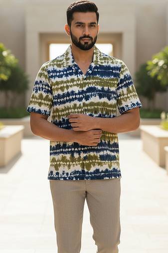 Olive blue printed cotton shirt